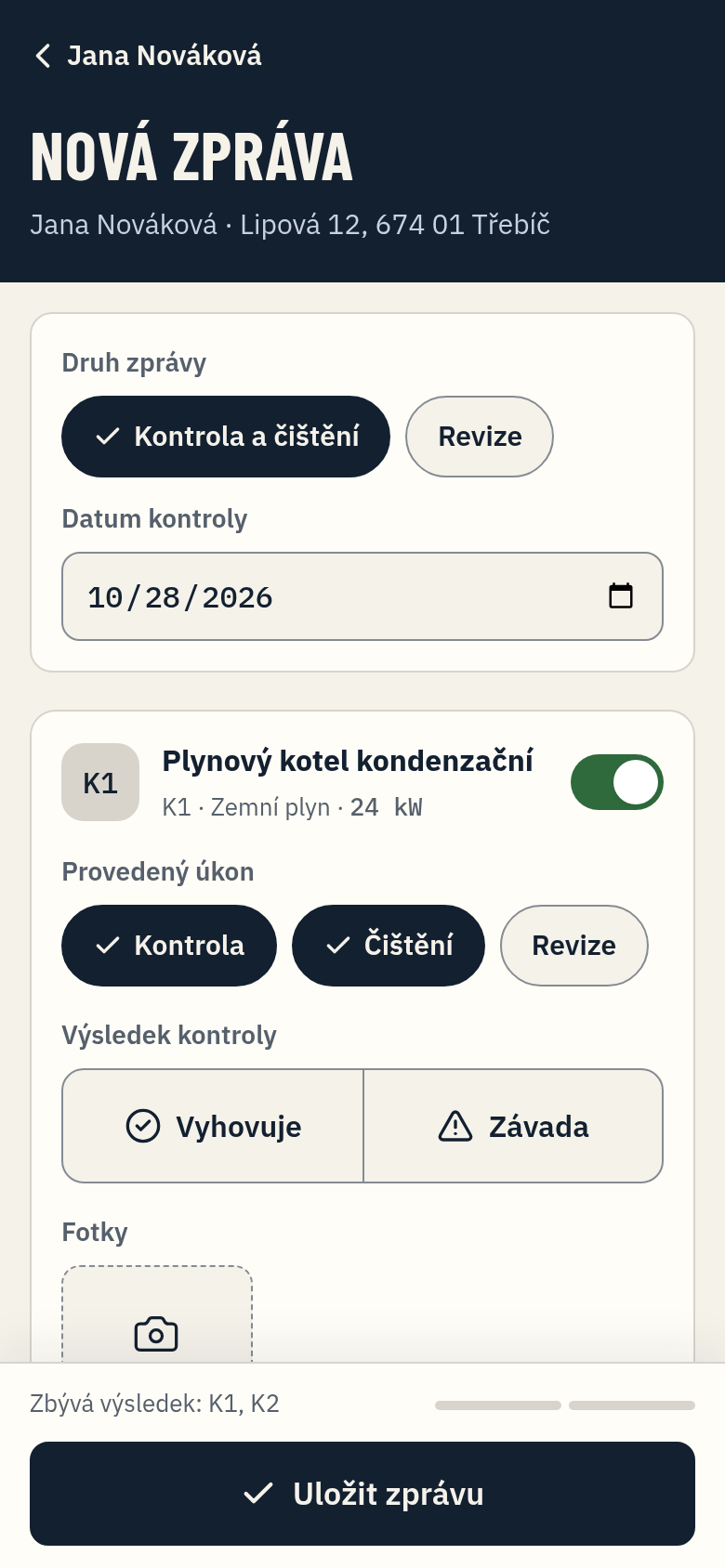 Formulář zprávy o kontrole v mobilu